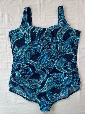 LANDS’ END Blue Paisley SlenderSuit Swimsuit 22W DDD Tummy Control